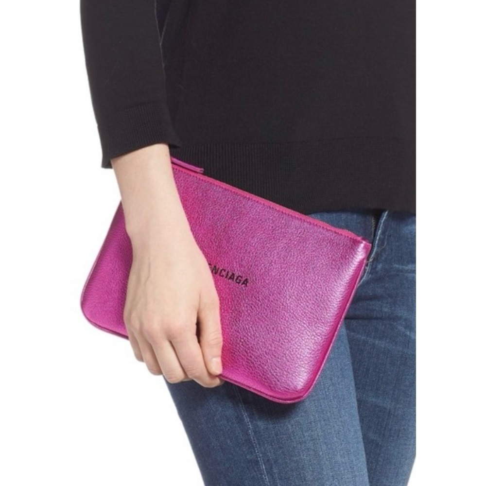 Balenciaga Metallic Pink Leather Clutch Pouch Bag